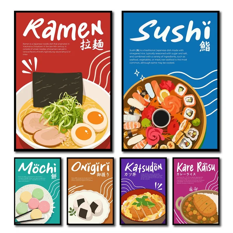 Japanese Food Ramen Sushi Platter Onigiri Pork Cutlet Illustration Poster Canvas Painting Wall Pictures Home Kitchen Decor