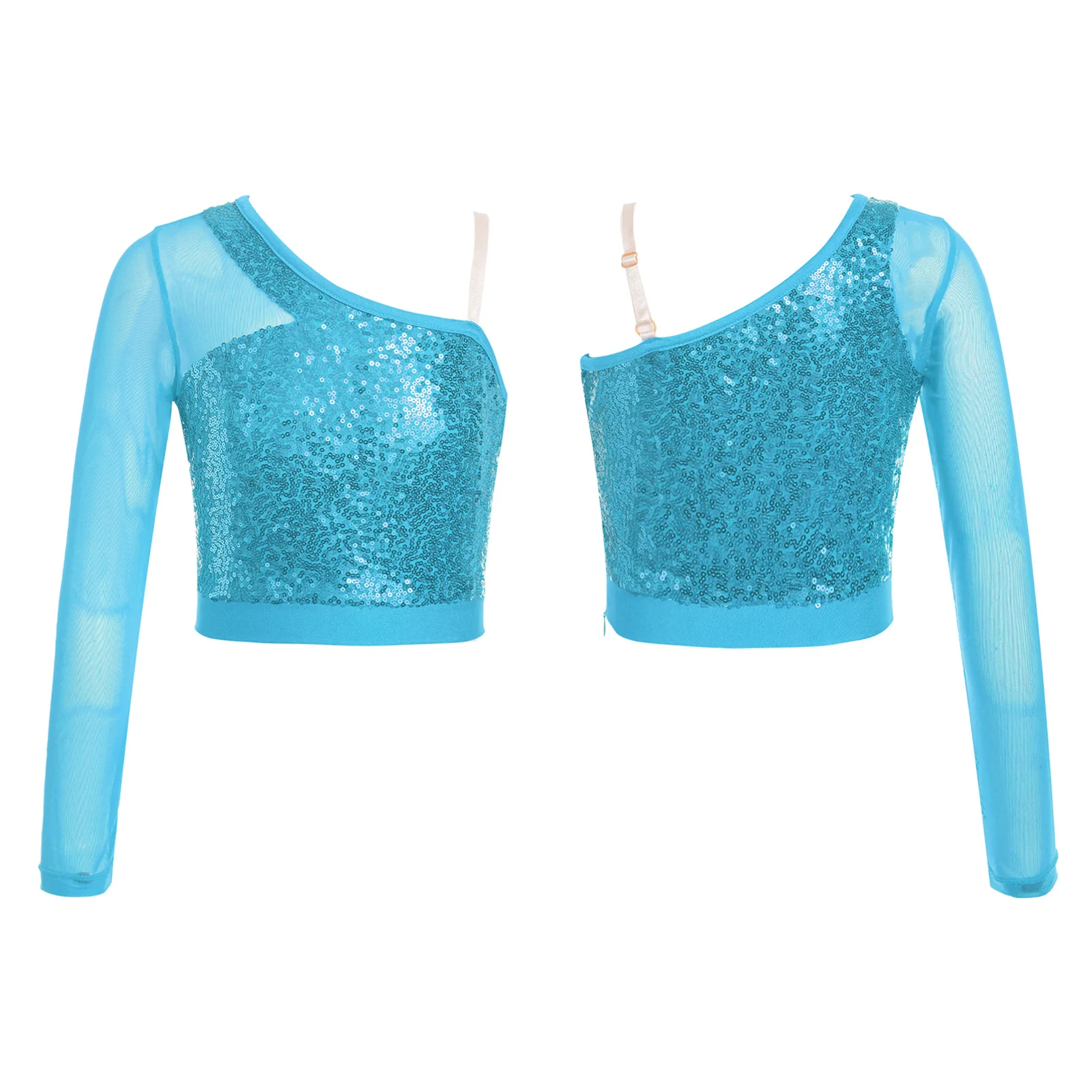 

Kids Girls Shiny Sequins Dance Top Mesh One Shoulder Long Sleeve Side Zipper Crop Top Latin Jazz Festival Performance Costume