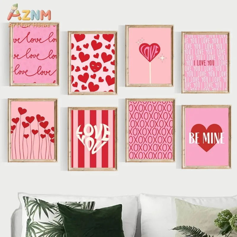 AZNM Valentines Day Love Heart Canvas Wall Art Pink Red Romantic Quote Print Poster For Bedroom Living Room Home Decor
