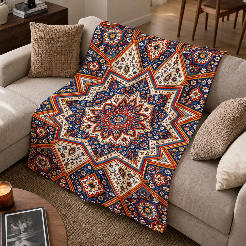 Elegant Bohemian Moroccan Print Throw Blanket Sofa Decorative Couch Cover Geometric Ethnic Pattern Textile for Living Room Home