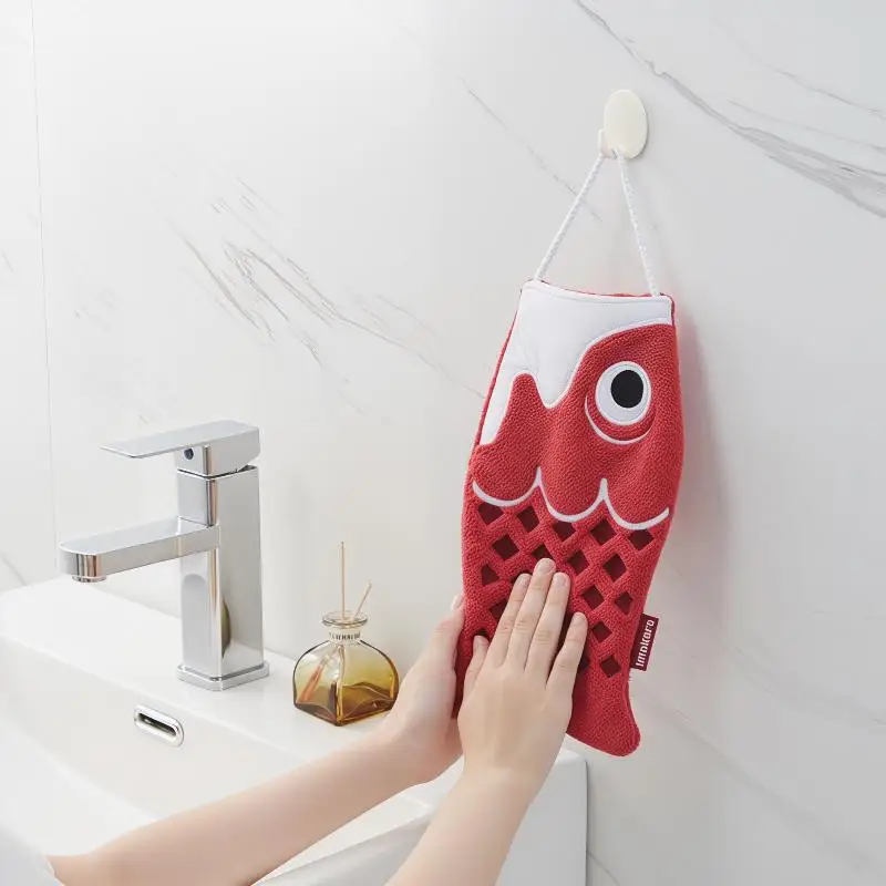 Cartoon Koi Hand Towel for Kids Bathrooms Hanging Design Cute Household Essentials