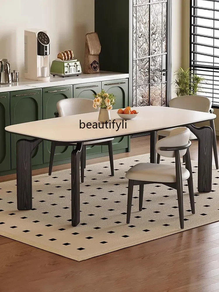 

A13 Retro Cream Style Solid Wood Stone Plate Dining Table Rectangular Small Apartment Modern Minimalist Dining Tables and Chairs