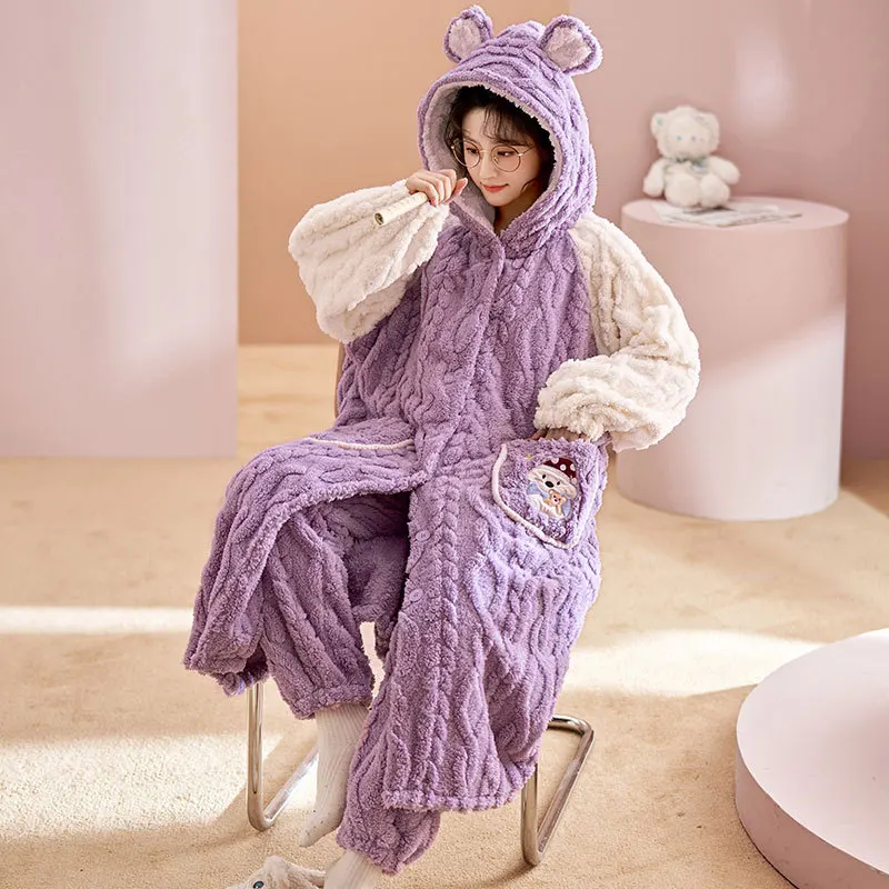 

Warm Cartoon Hooded Women's Pajamas Robes Set With Pants Thicken Plush Coral Fleece Sleepwear Winter Flannel Home Clothes Pijama