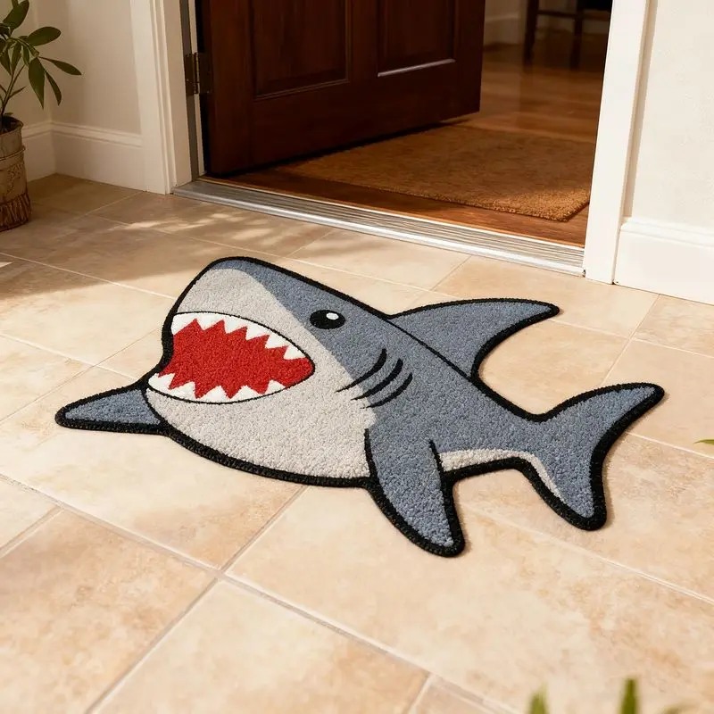 VIKAMA Creative Cartoon Shark Shaped Plush Rug - Cute Non-Slip Absorbent Floor Mat for Bedroom, Bathroom, Living Room