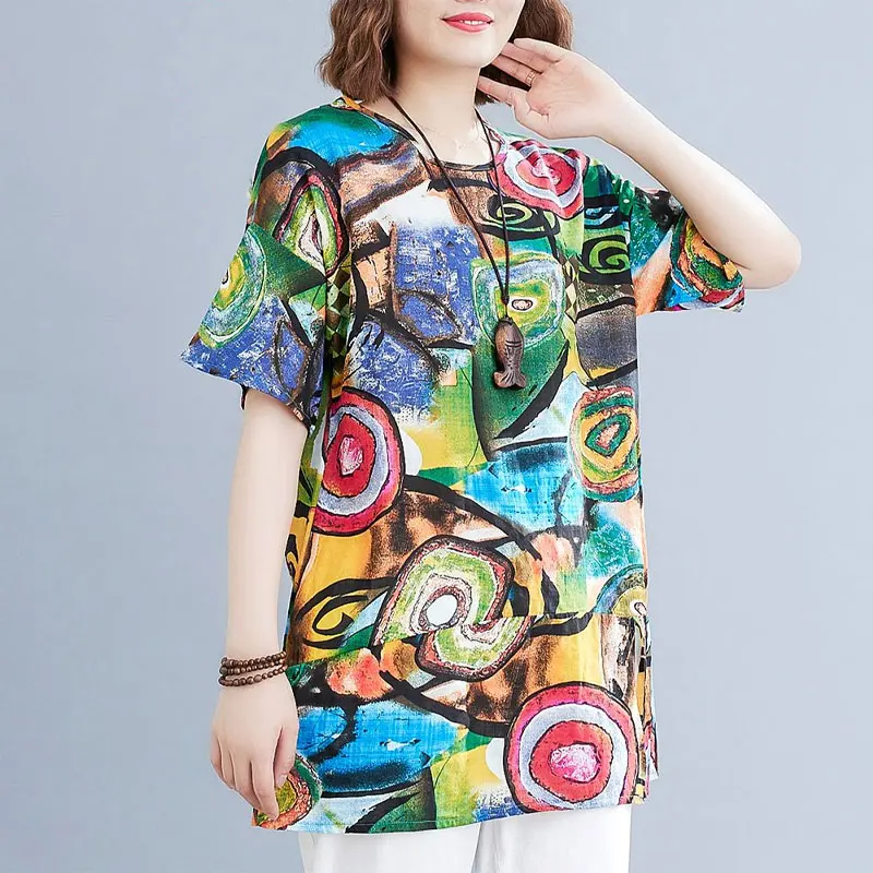 Vintage Hand-Painted Printed Midi Pullovers Casual Spliced Loose Women\'s Clothing Round Neck Summer Stylish Short Sleeve T-shirt