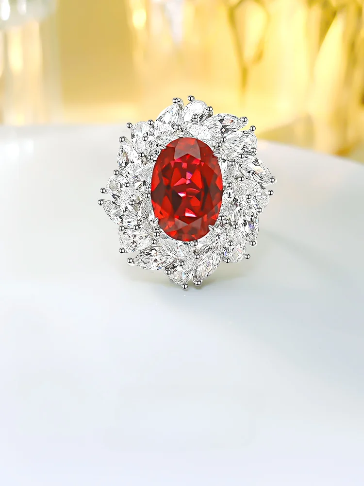 

Luxurious Seiko Red Treasure 925 Pure Silver Flower Ring with High Carbon Diamond Inlaid, Versatile Design, Elegant Style