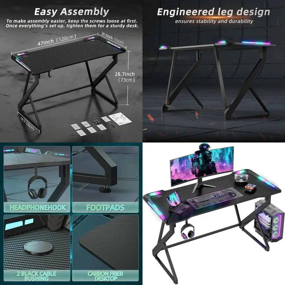 

LED-Illuminated 47 Compact Gaming Desk, Carbon Fiber Top, Ideal for Small Spaces, Kids & Adults, Black