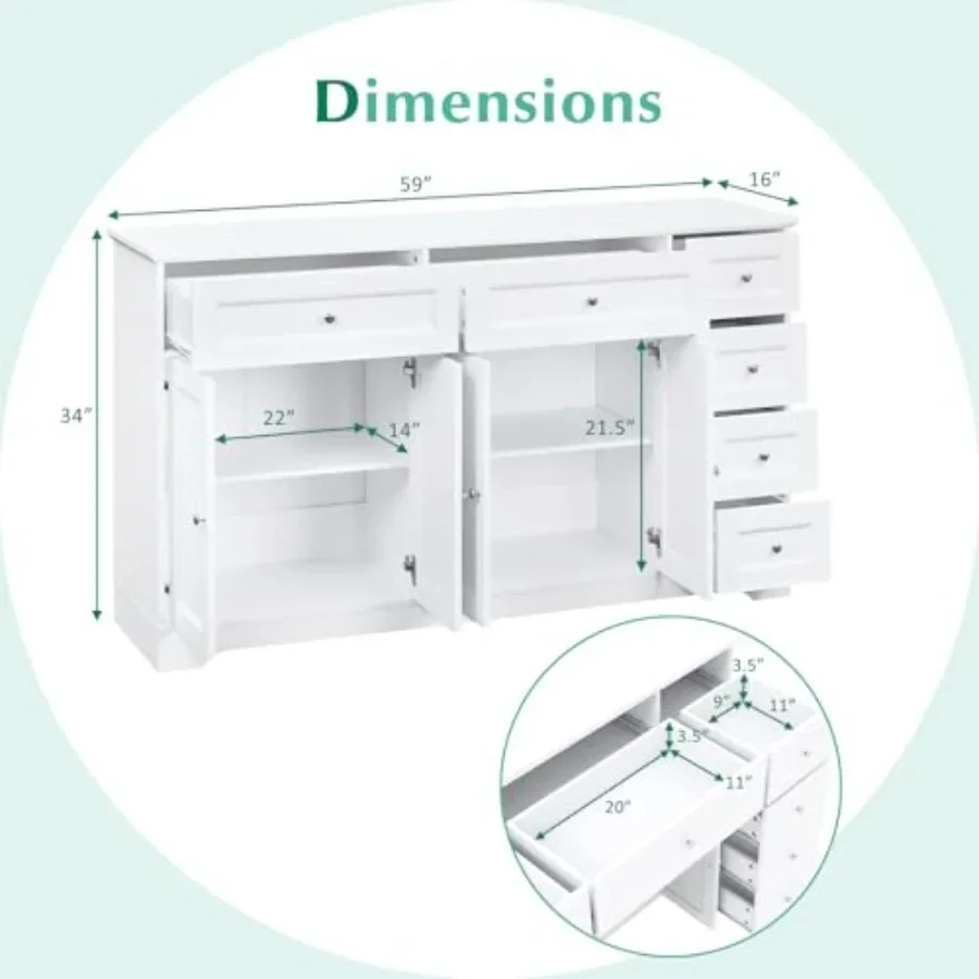 Large Buffet Cabinet for kitchen or living room use, engineered wood in matte white, with modern design, 4 doors, 6 drawers, 2