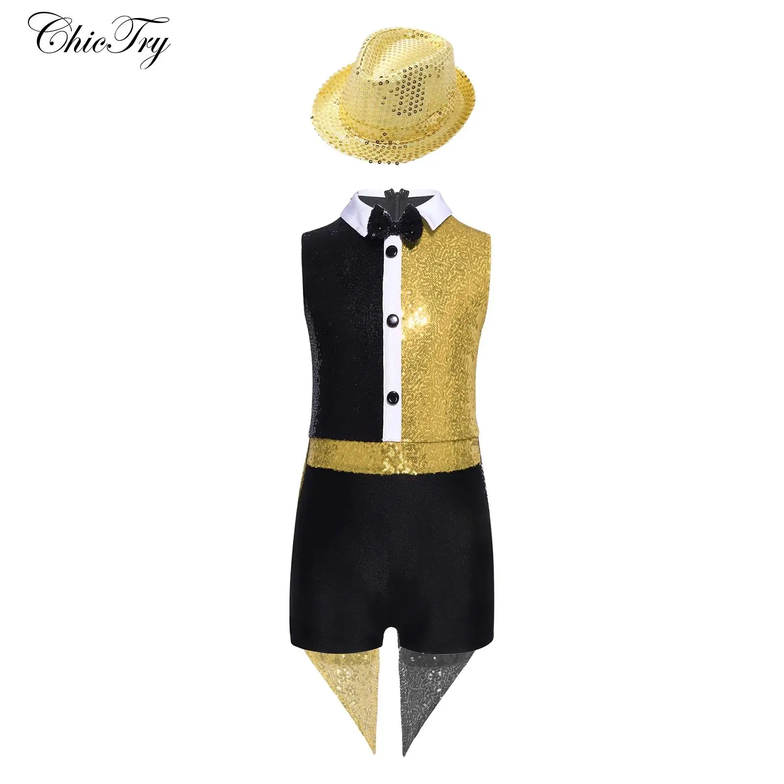 

Kids Girls Circus Magician Cosplay Costume Halloween Leotard Sets Sequins Color Block Bow Tie Buttons Adorned Jumpsuit with Hat