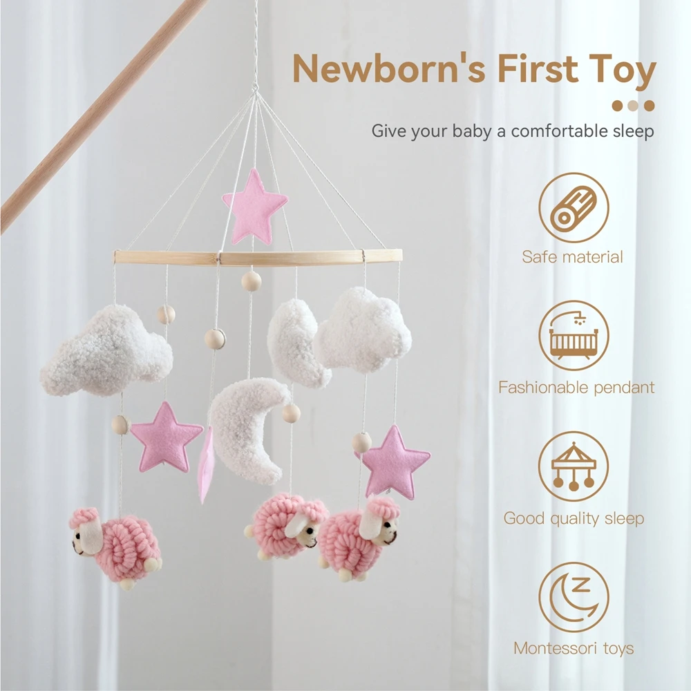 Staffa per campanello da letto in legno per bambini 0-12 mesi Staffa per campana da letto con stecca naturale Staffa mobile in legno per letto all'uncinetto per bambini Campana per sonaglio sospeso