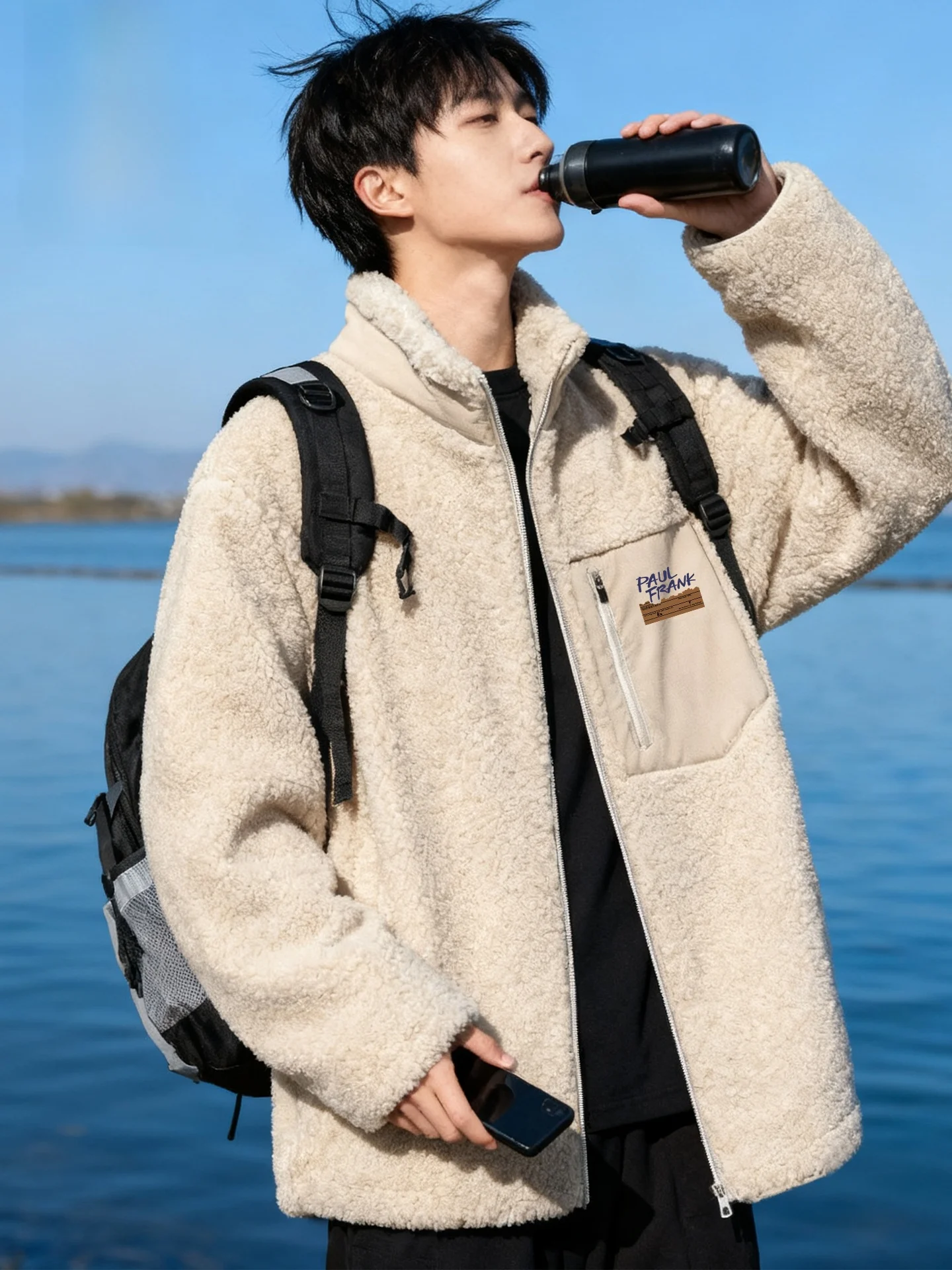 

Winter Thiened Warm Fce Jaet Men's Lamb Velvet Collar Jaet Trendy Zipper Stand Fit Long Sve Coat