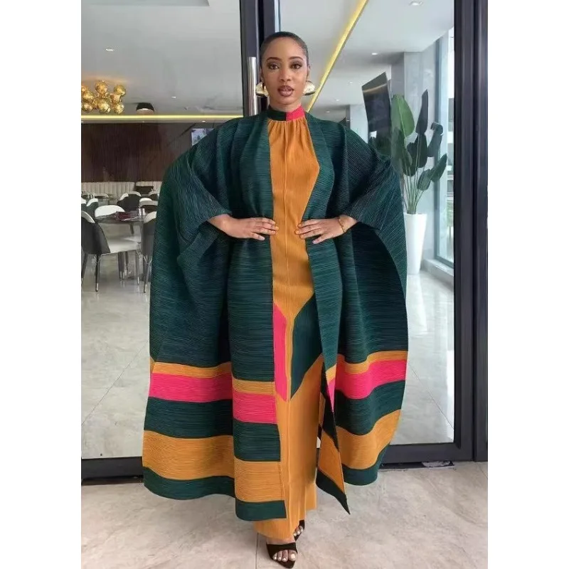 

2025 New African Plus Size Women's Miyake Pleated Loose Colorblocking Camisole Undershirt Dress Long Batman Jacket 2-piece Set