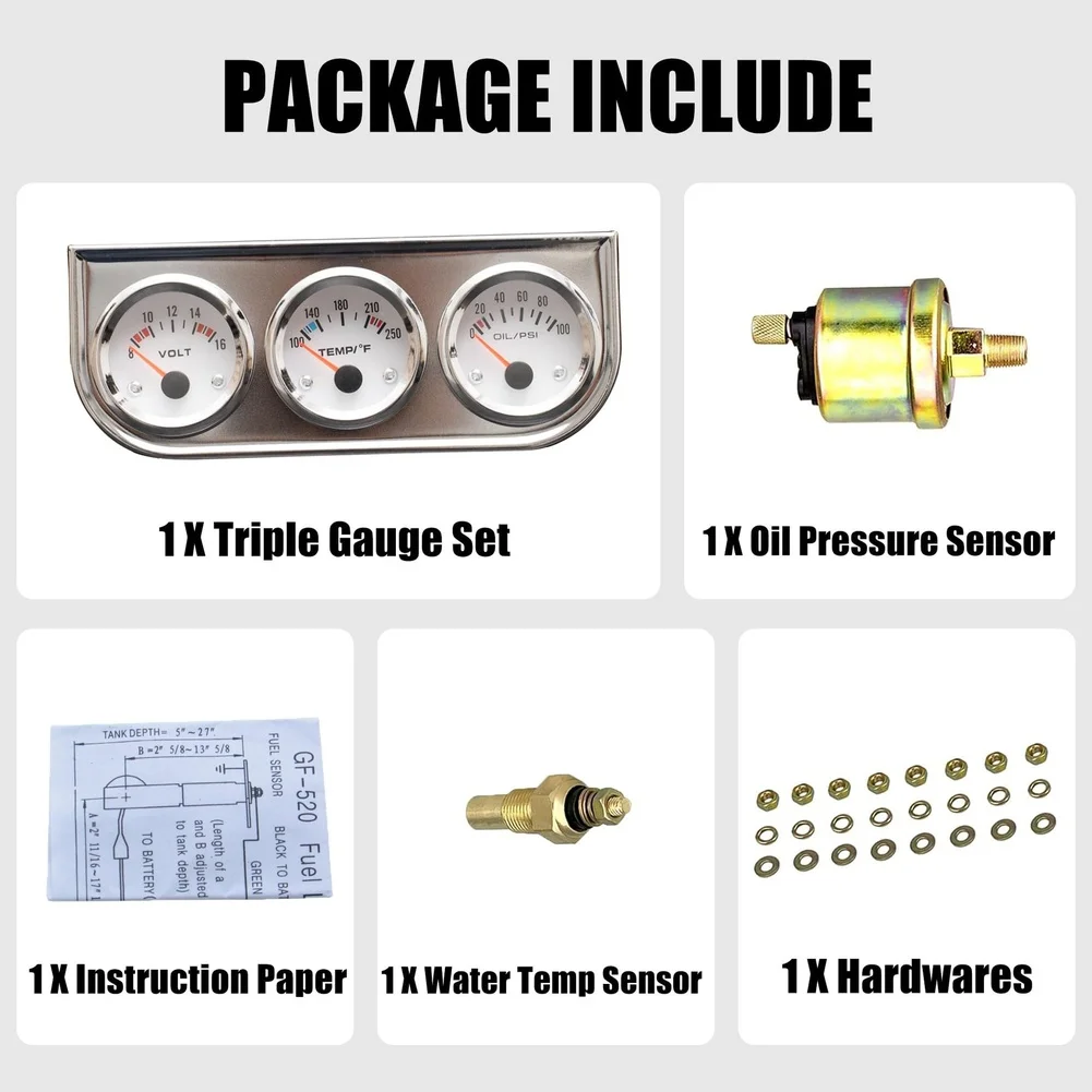 52mm Chrome 3-in-1 Gauge for Monitoring Oil Pressure Water Temperature and Electrical System Voltage on 12V Vehicles