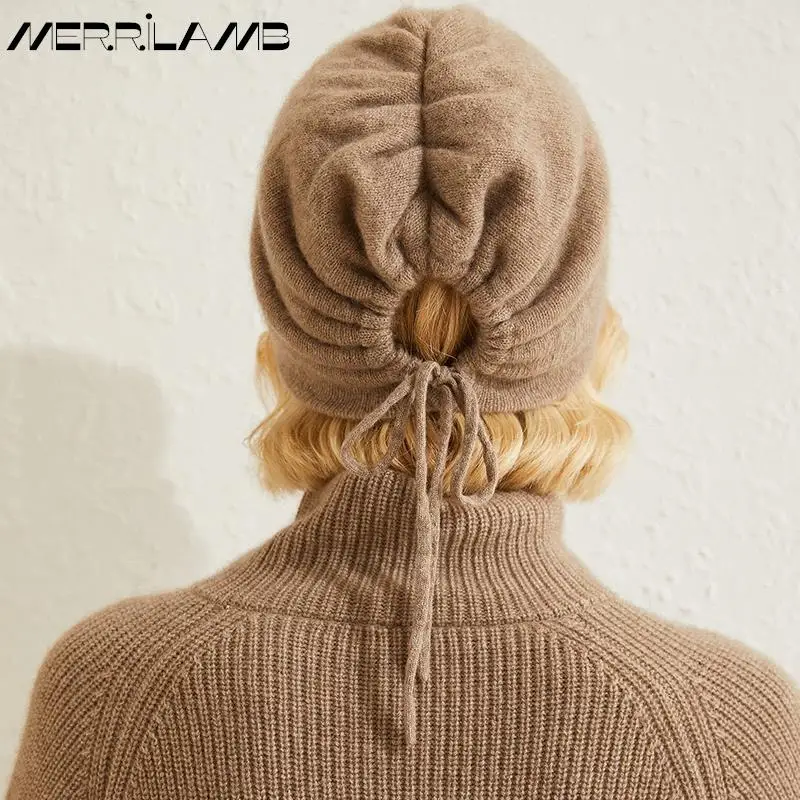 MERRILAMB Cashmere Hat Winter New 100% Cashmere Double-layer Drawstring Skullies Beanies Women Soft Keep Warm Pile Knitted Cap