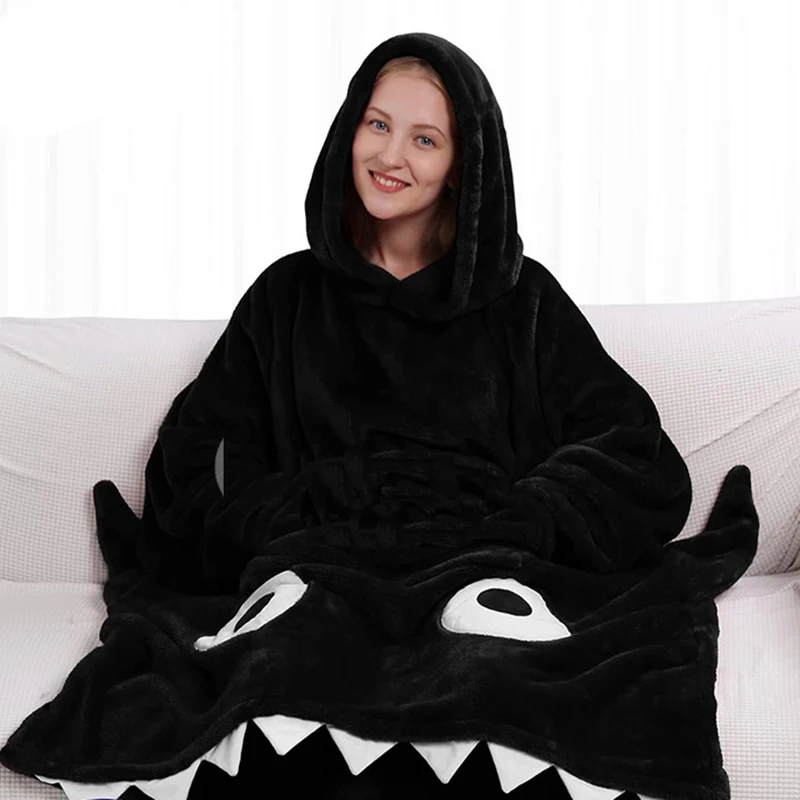 Cute Cartoon Shark Oversized Blanket Hoodie For Women and Men One Size Fits All Wearable Blankets Sweatshirt Blanket with Pocket