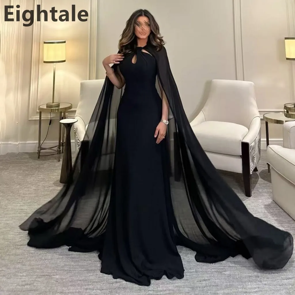 

2025 Eightale Black Mermaid Chiffon Saudi Arabic Evening Dresses With Cape Prom Dress Wedding Party Robe de soiree Customized
