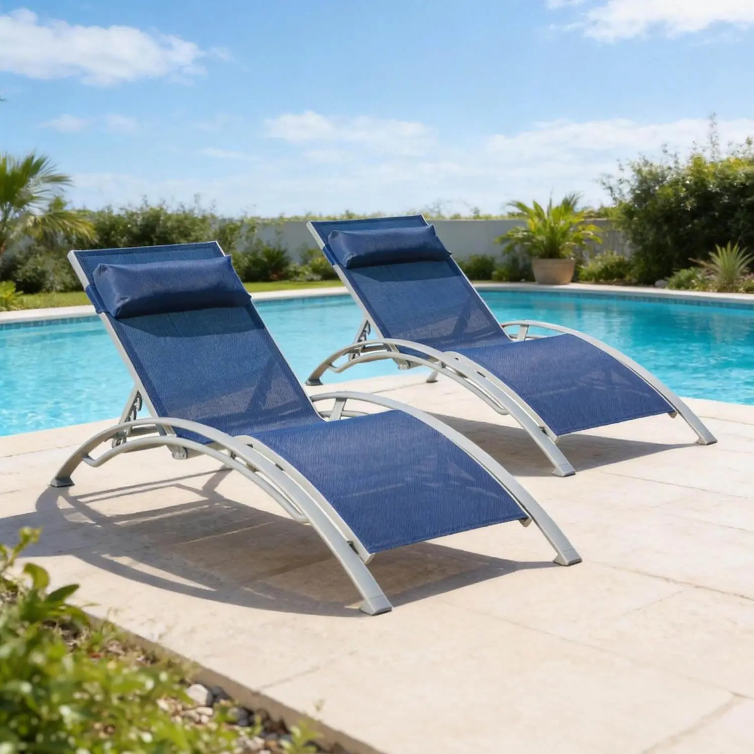 Adjustable Aluminum Outdoor Chaise Lounge Chair Set All Weather Textilene for Pool Deck Lawn, Customized