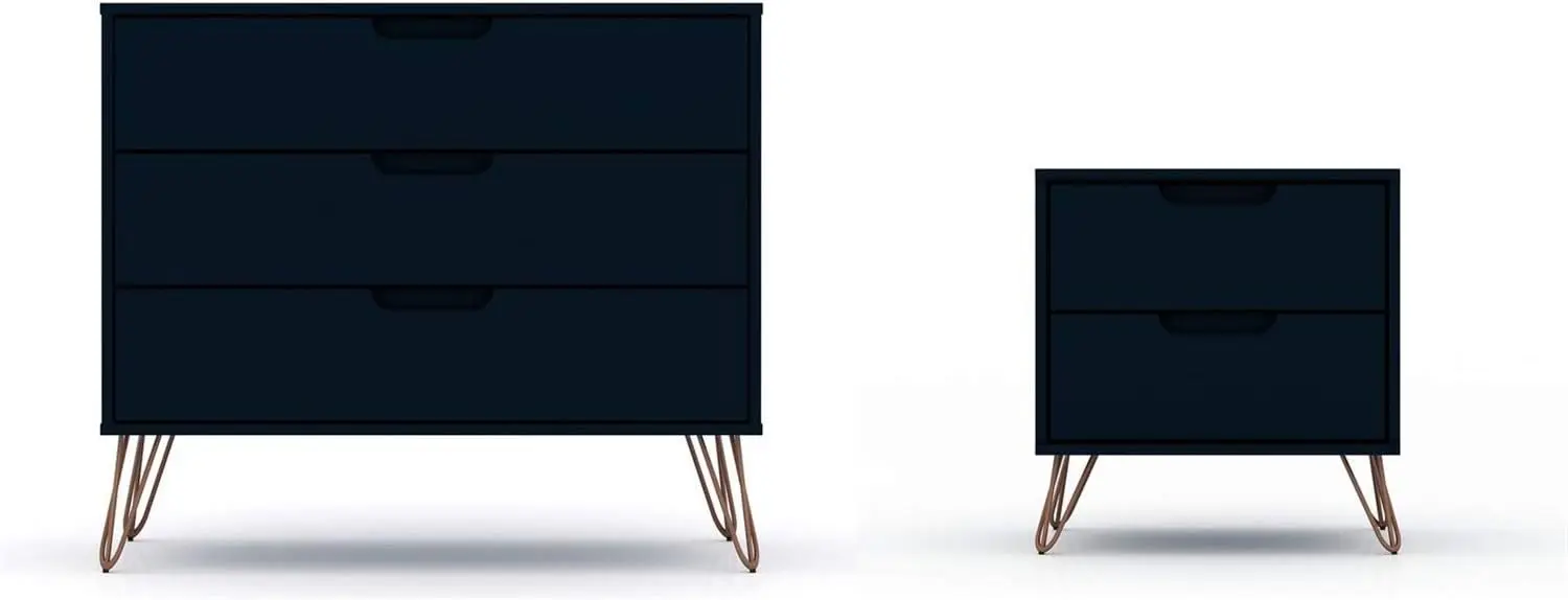 

Manhattan Comfort Rockefeller Mid-Century Modern 3 Drawer Bedroom Dresser with Nightstand, Set of 2, Midnight Blue