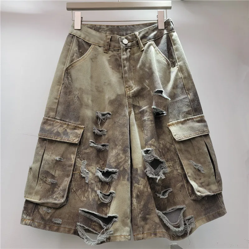 2025 New American Retro Wide-leg Tooling Ripped Camouflage Summer Loose Straight Five-point Denim Shorts For Women