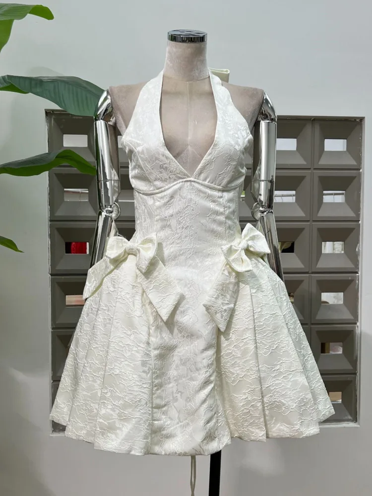 DFDG 2025 Abito da ballo con scollo a V increspato jacquard da donna Abito elegante da ballo di fine anno Abito da sera senza maniche a sbuffo Primavera Estate