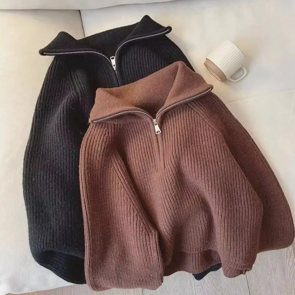 Half Zip Closure Cropped Knit Sweater Solid Color Soft Waffle Knit Waffle Knit Tops High Waist Fit Long Sleeve Design