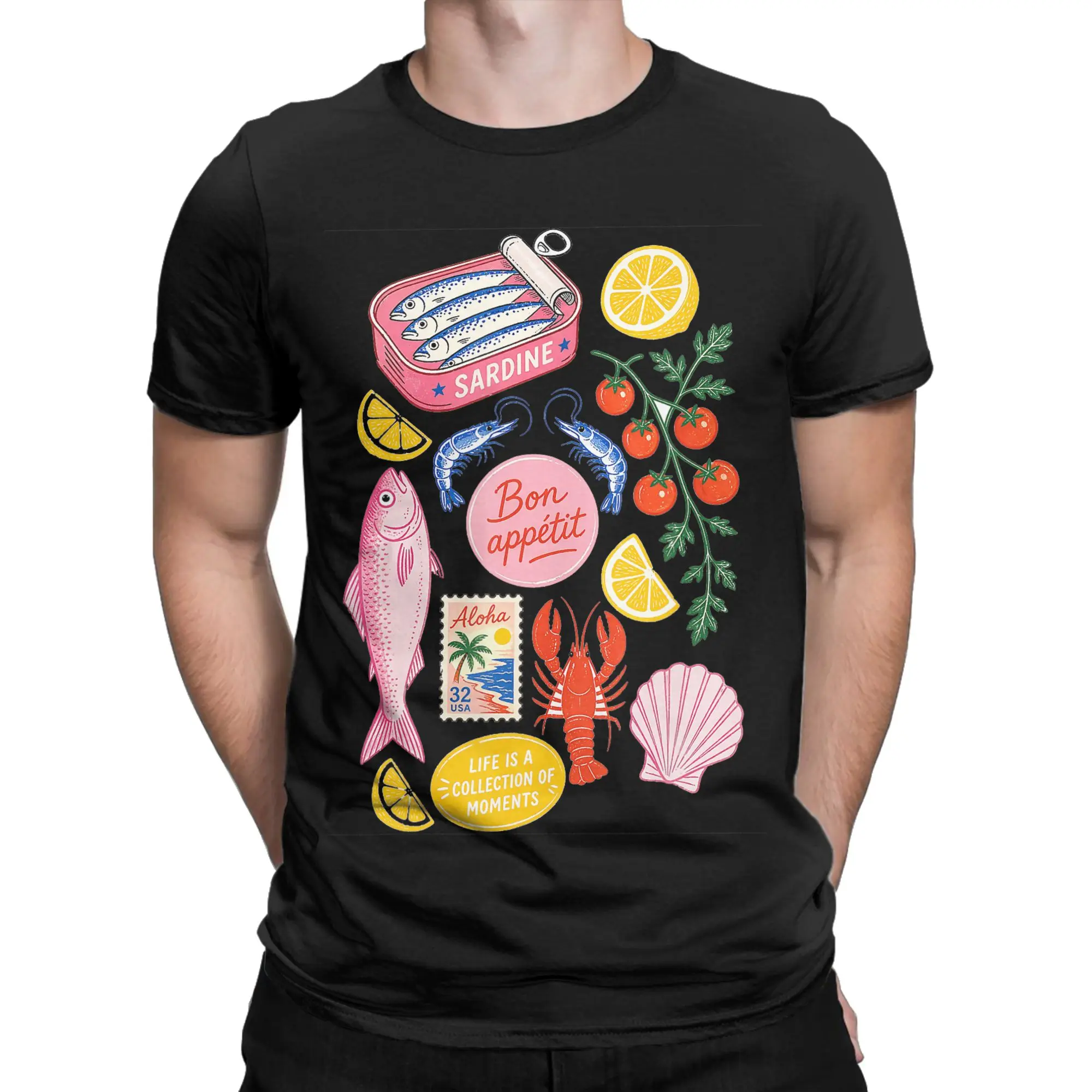 Streetwear T Shirt Beach Seafood Collage Bon Appetit Mediterranean Foodie Fashion T Shirts  for Men Short Sleeve Top Tees