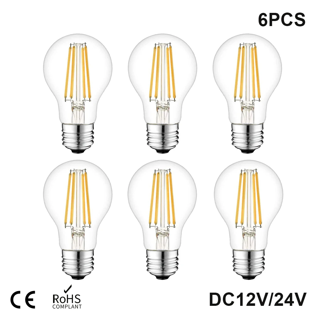 Led Filament Light Low Voltage E26 E27 Led Lamp DC12V 24V A19  6W LED Light Bulb 2700K 4500K RV Locomotive Room Light