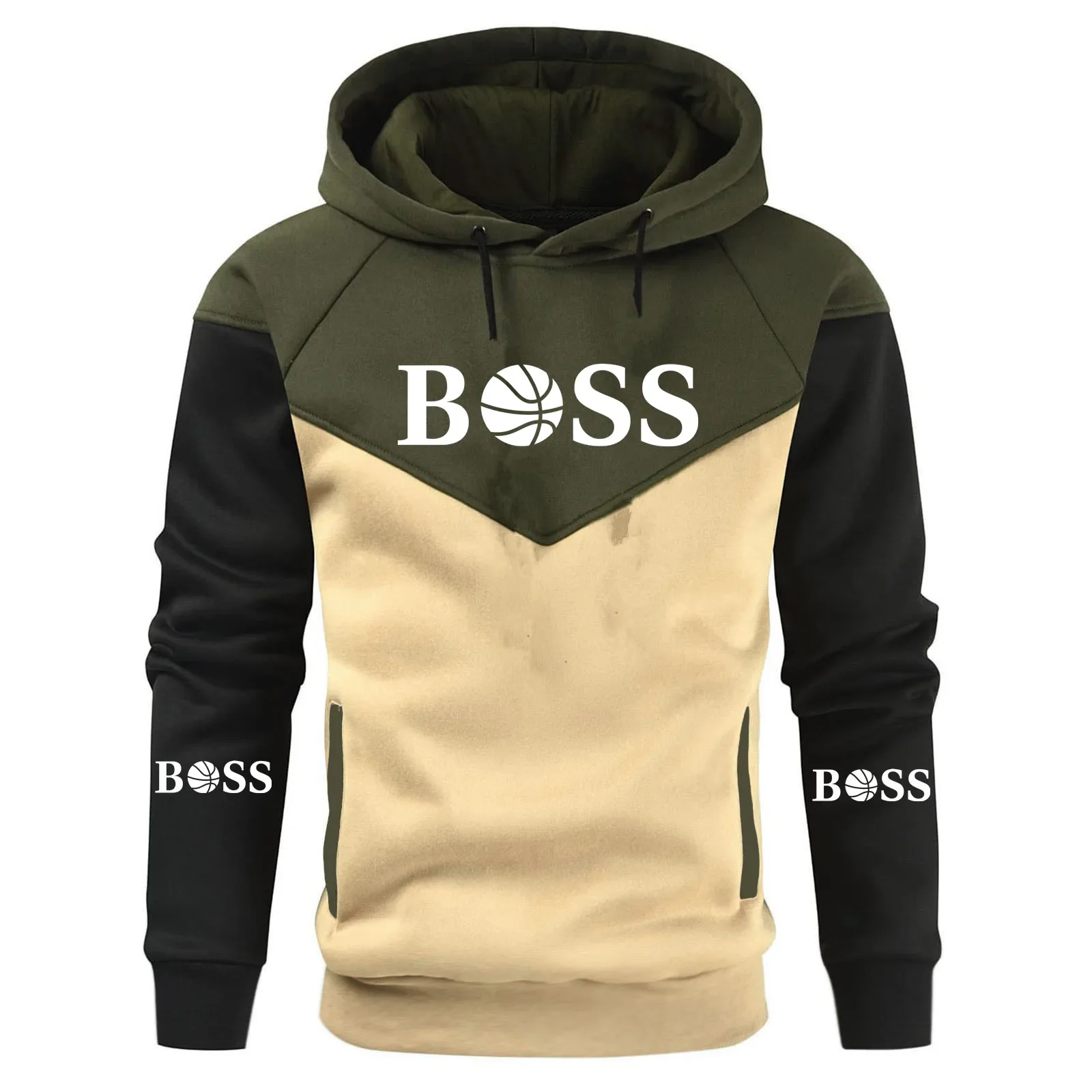 Fall Winter Men\'s Patchwork Hoodie Outdoor Casual Sportswear Street Fashion Men\'s Top Fleece Thermal Hooded Sweatshirt