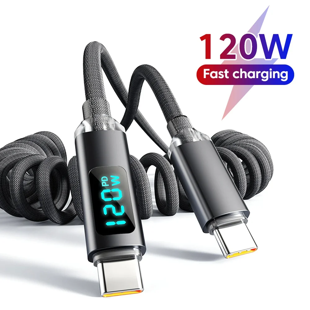 Cabo de Carregamento Super Rápido Retrátil USB C para Tipo C com Display Digital 120W Cabo de Mola PD para iPhone Samsung Huawei Xiaomi