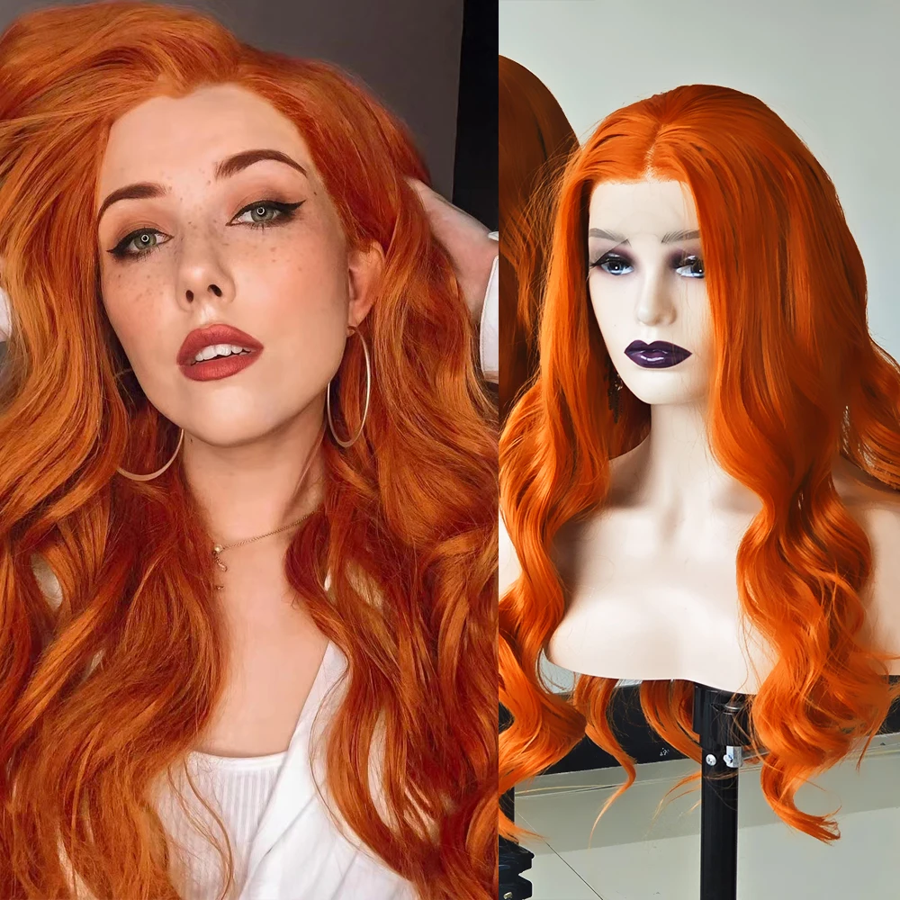 RONGDUOYI Orange Wave Hair Synthetic Wig Natural Hairline Long Hair Lace Front Wigs Fiber Makeup Cosplay Women Use