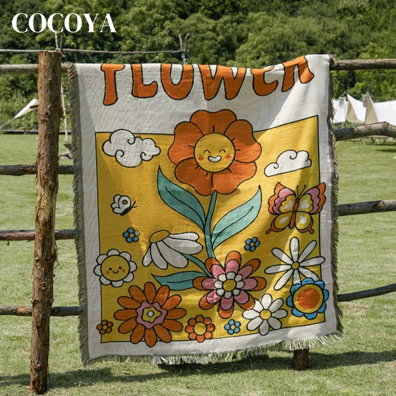 

Cartoon Sunflower Picnic Blanket Outdoor Camping Mat Flowers Blankets for Beds Bedroom Tapestry Woven Sofa Towel Home Decoration