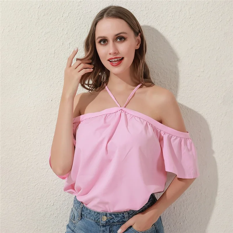 Blusa Halter fora do ombro feminino, camisa sexy sem costas, tops de cor sólida, camisa elegante de manga curta, verão, 2XL