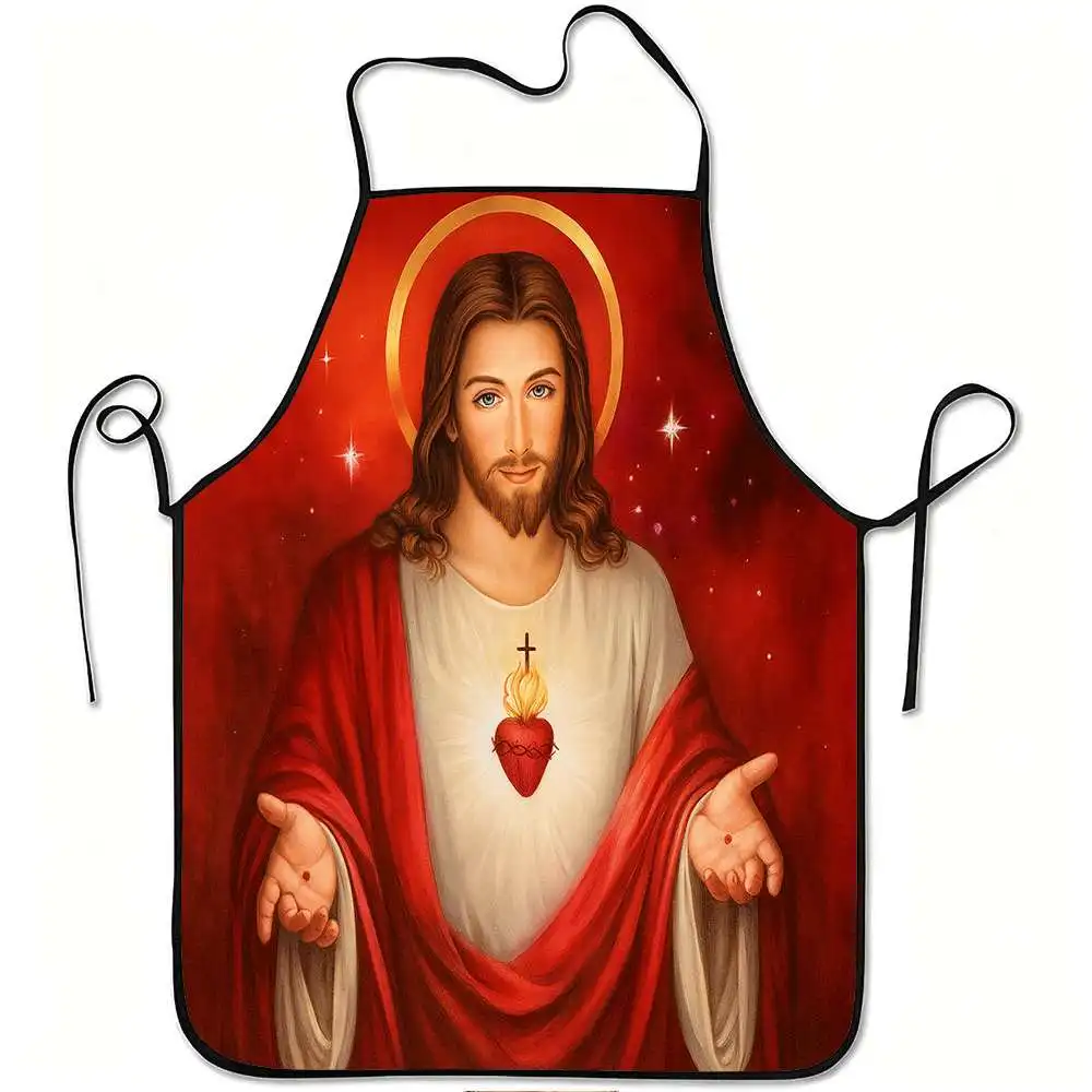 Sacred Heart Jesus Apron, Religious Christian Art Graphic Cooking Bib, Faith Kitchen Decor, Gift for Catholic Believers