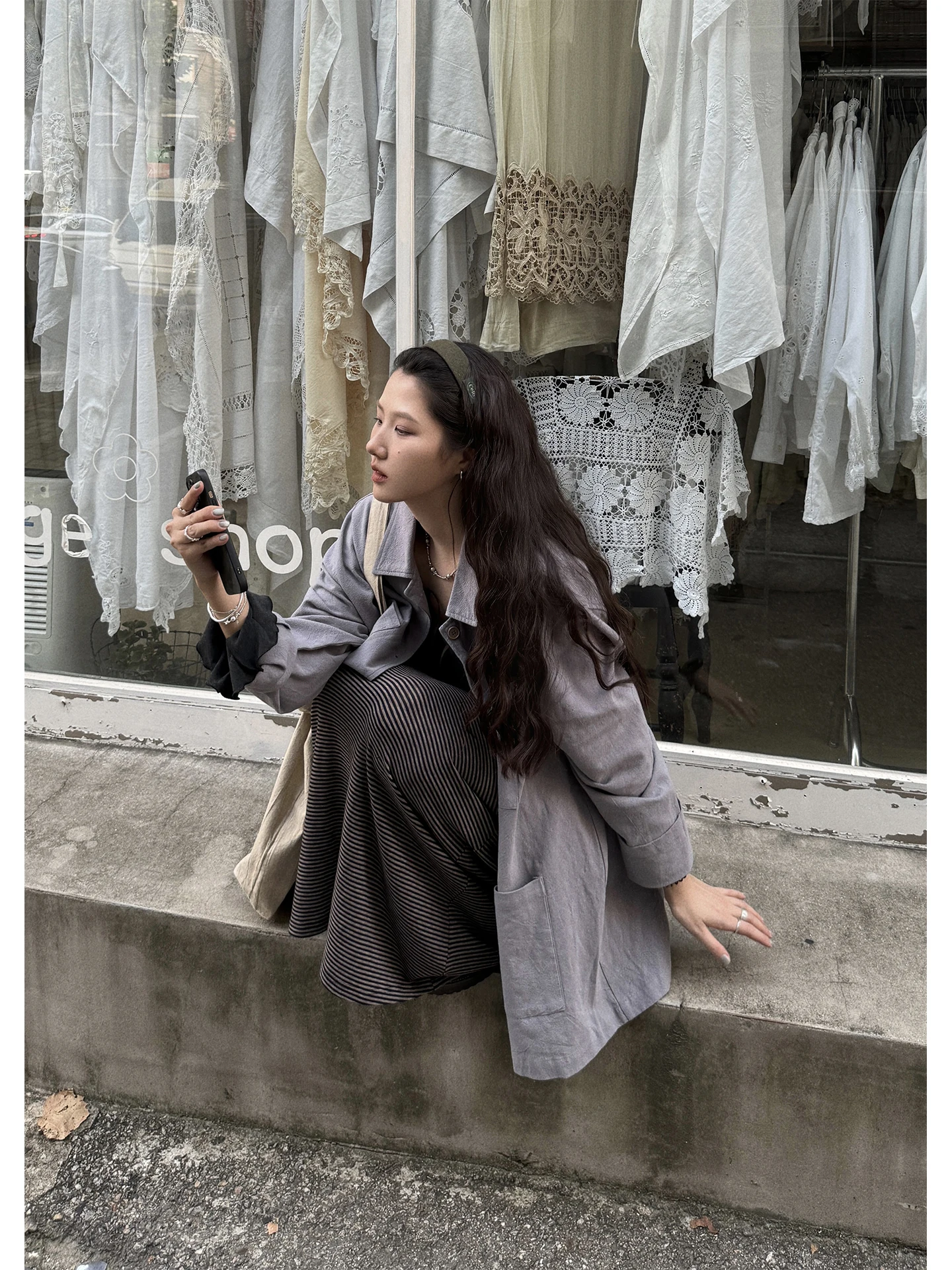 

JMWOMEN Linen Blue Vintage Wooden Tone ort Jaet Women's Loose Lazy Feel Open Cardigan Turn-down Collar Top