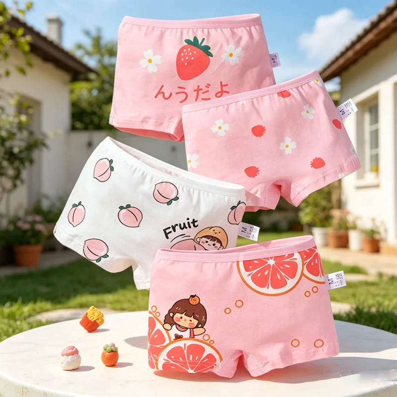 4PCS Children Underwear Girls Cute Cartoon Fruit Print Soft Cotton Boxer Briefs Breathable Kids Panties Casual For Little Girls