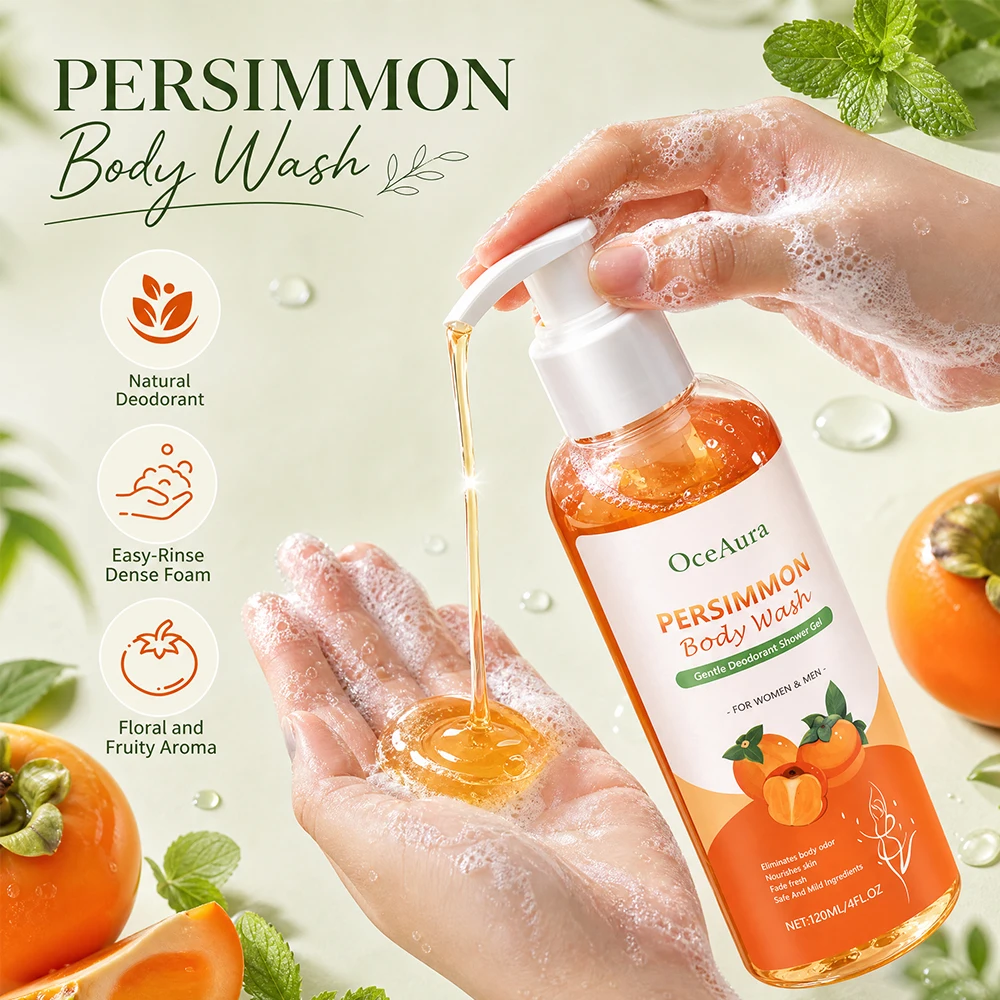 Persimmon Body Wash Odor Control Shower Gel Persimmon Extract Daily Cleansing Bath Cream Gentle Hydrating Fruity Scent Women Men