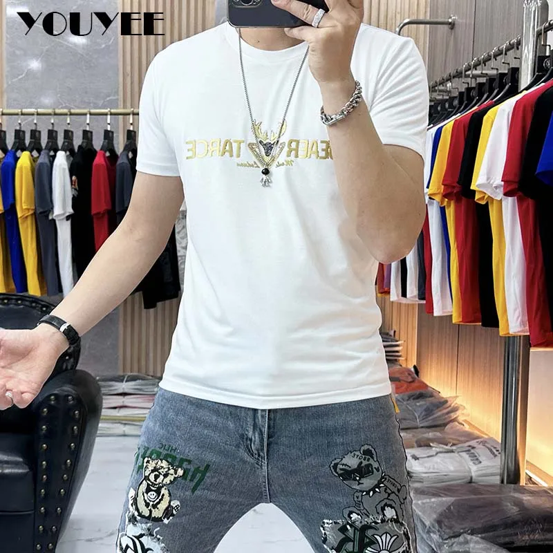 Men\'s T-shirt Gold Letter Printing High-quality Male Tees Round Neck Summer Fashion Trend Slim Fit Silky Cotton Top Man Clothing