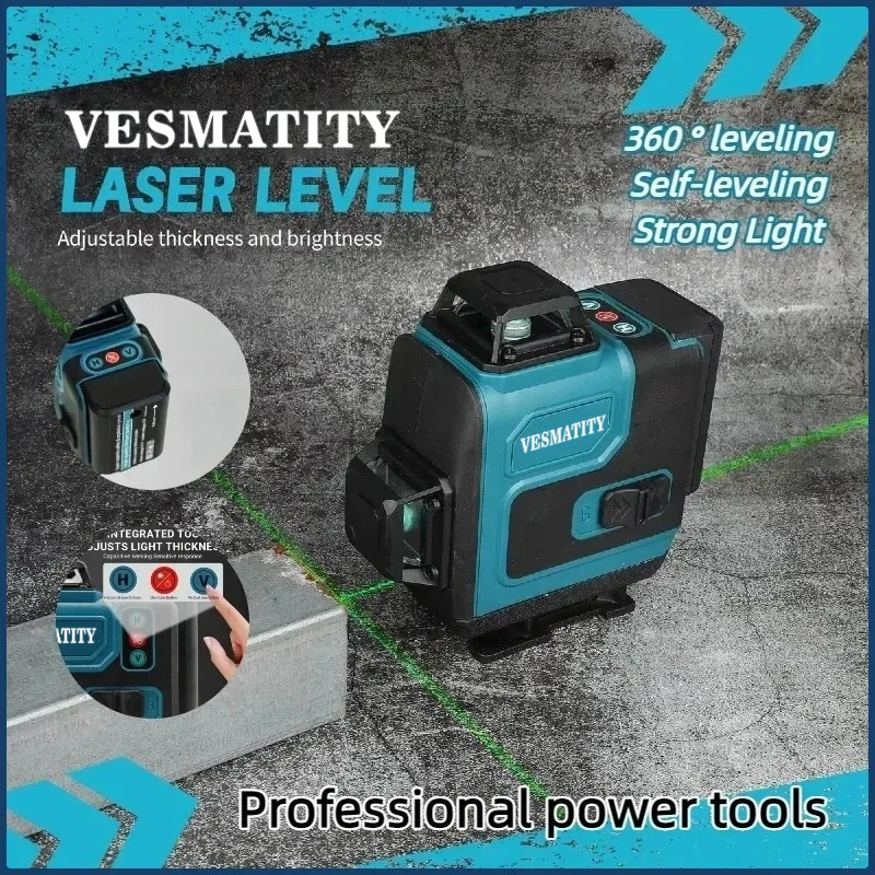 VESMATITY Green Beam 16 Lines Laser Level Self Leveling IP65 Waterproof Remote Control Battery Powered Max Pro Speed Unit