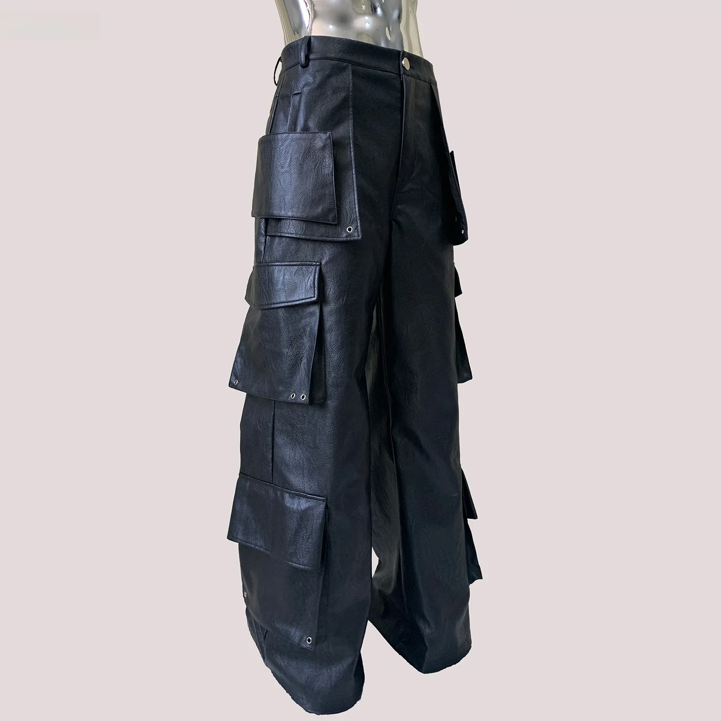Nerazzurri Men's PU Leather Work Trousers Multi-Pocket Structure Waterproof Casual Fashion Youthful Style Autumn Collection