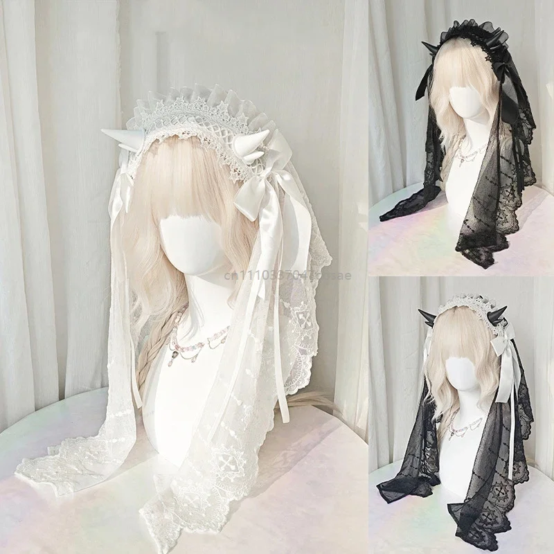 Gothic Lolita Cute Fairy Bride Headdress Harajuku Dragon Horn Lace Ribbon Band Hair Wedding Fantasy Headwear Accessories 2026