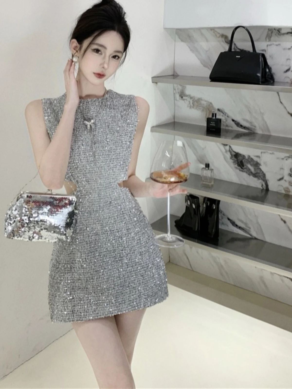 

Slimming Short Design Hollow out Women's Dress Summer High Waist A-Line Skirt Inner Wear Bodycon Dress Korean Style Pure Color