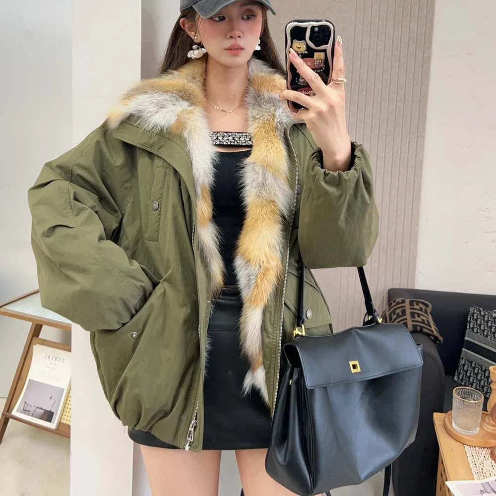 Femmes coréennes vers le bas manteaux col de fourrure de renard ample décontracté en duvet d'oie femme doudoune automne hiver 2025