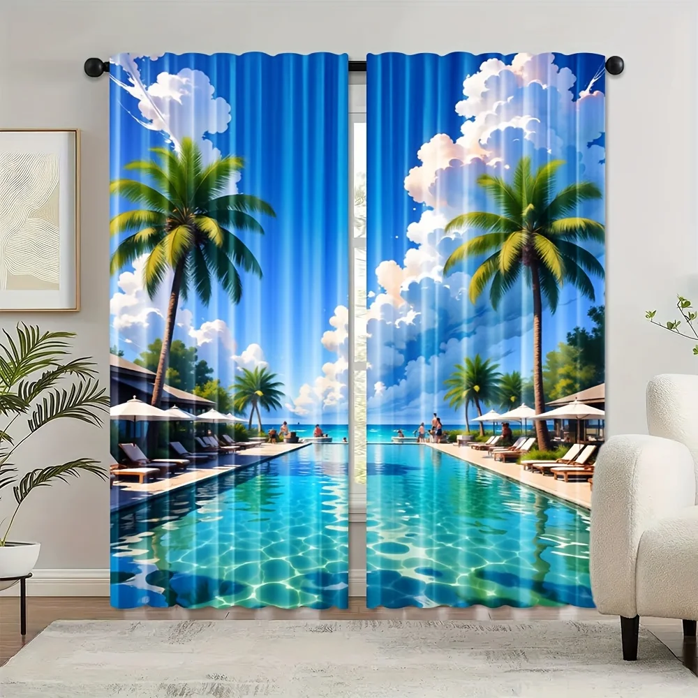 2pcs, Watercolor inspired style Tropical Hawaiian Palm Tree 2D Printed Curtains, Polyester Fabric, Ocean Beach Design for Living