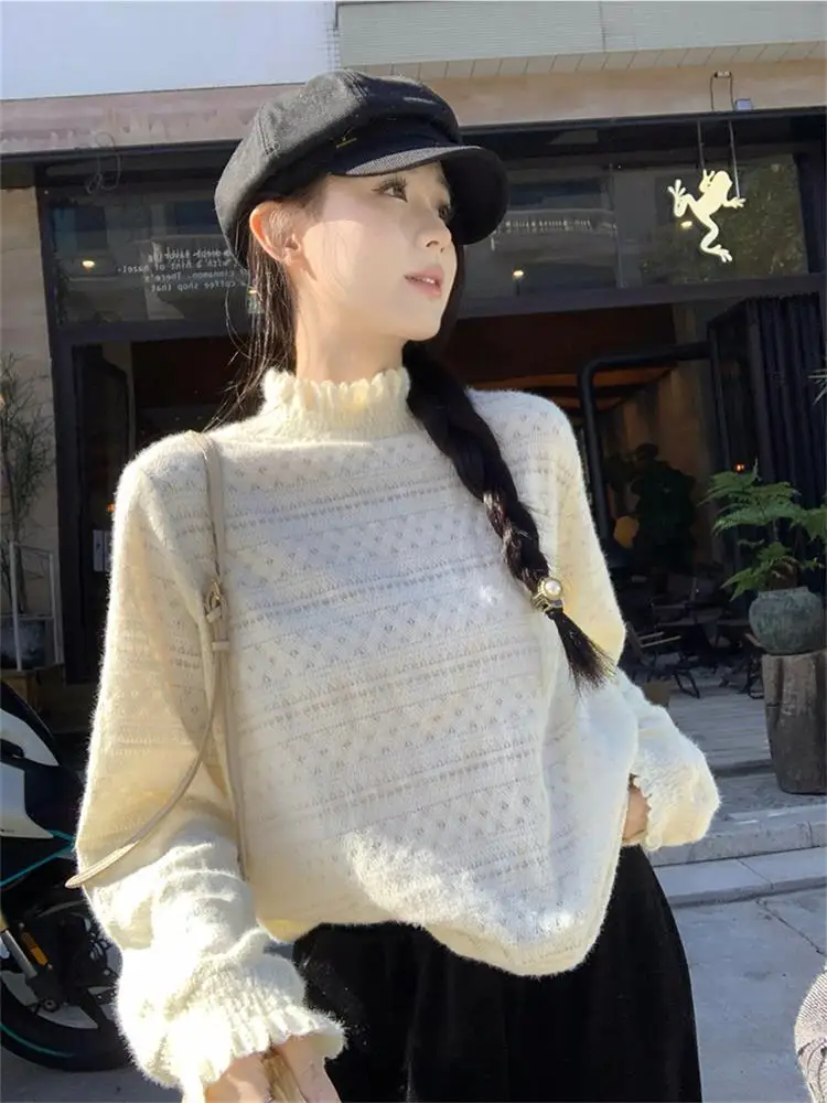 

Women's Lace irt f High Collar Fce Lined Inner Wear Base Layer Top Korean Sle Long Sve Commute Faion