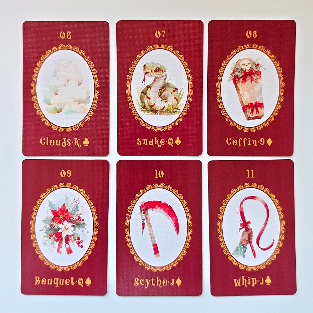 9 x 6 cm großes Weihnachtslied-Lenormand-Deck, 42 Stück, niedliche Lenormand-Karten mit Weihnachtsmotiv, gedruckt auf 350 g/m2 doppelt geprägtem Karton
