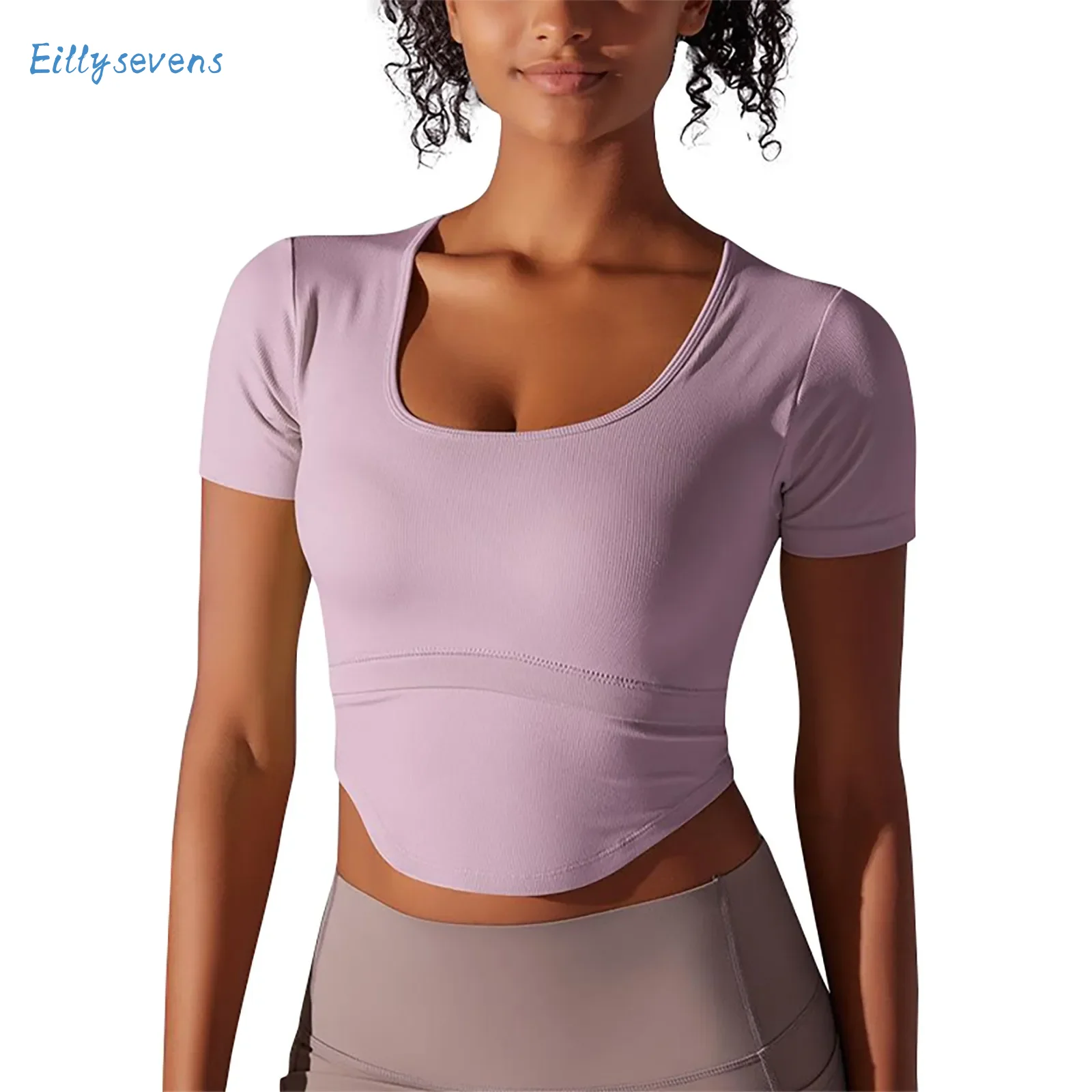 

Однотонные Спортивные укороченные топы, трендовые повседневные топы Bellyband с маленьким U-образным вырезом и коротким рукавом, топы для бега, фитнеса, йоги, удобные дышащие облегающие Топы