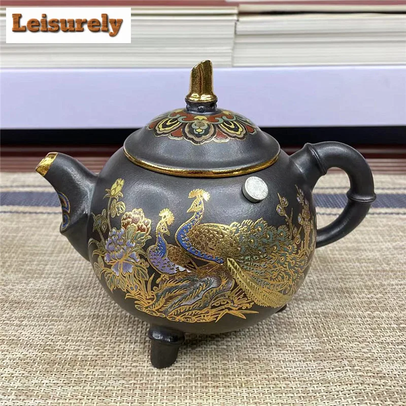 320ml Yixing Purple Clay Teapot Handmade Tripodia Peacock Colour Enamels Pot Raw Ore Stone Yellow Mud Kettle Filter Zisha Teaset