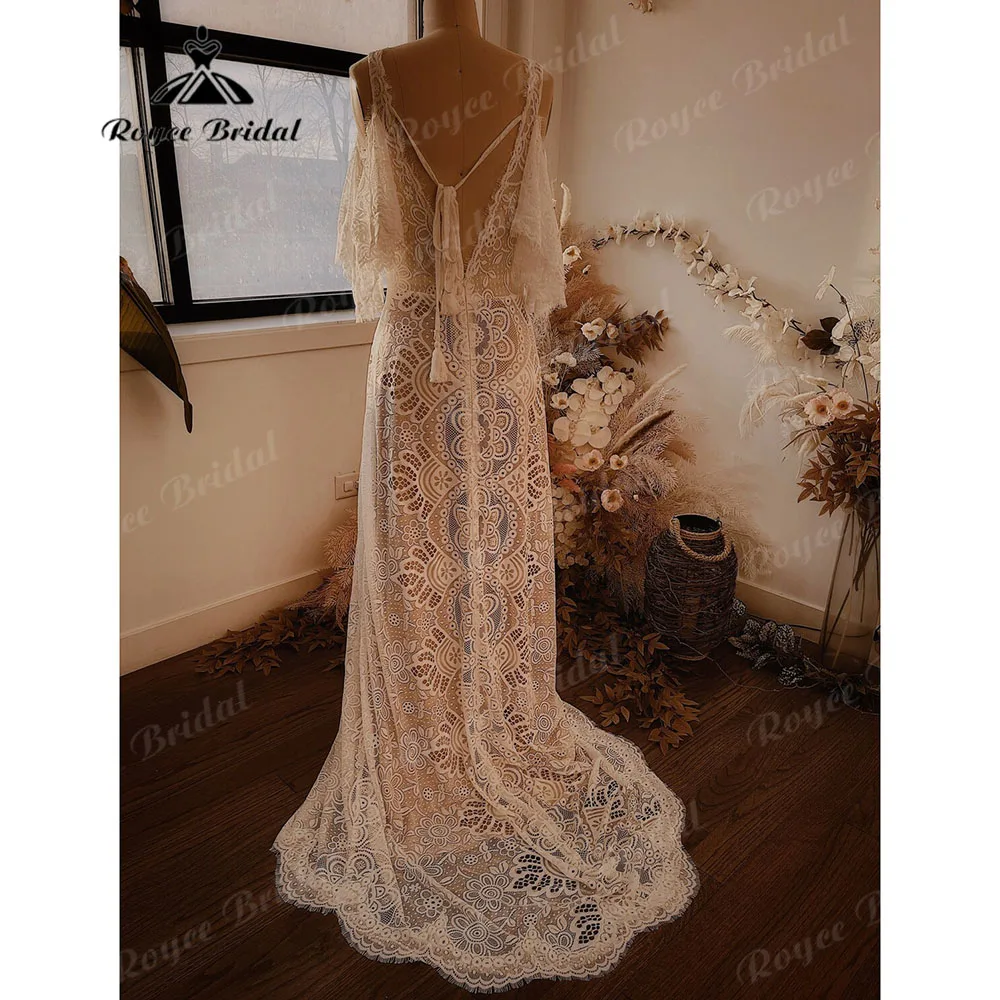 Sexy Beach Bohemian V Neck Lace Boho Backless Wedding Dress for Women 2023 Vestidos Noivas Bridal Gown Off Shoulder Short Sleeve