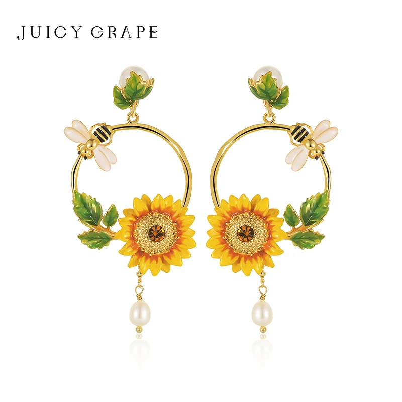 JUICY GRAPE French Light Luxury Elegant Enamel Sunflower Earrings Handcrafted Fashionable Jewelry Trendy Earrings for Women