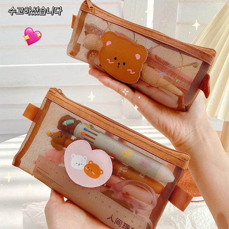 Transparent Mesh Pencil Case Cute Bear Brown Pouches Stationery Student Pencil Bag Large Capacity Storage Kawaii Bag